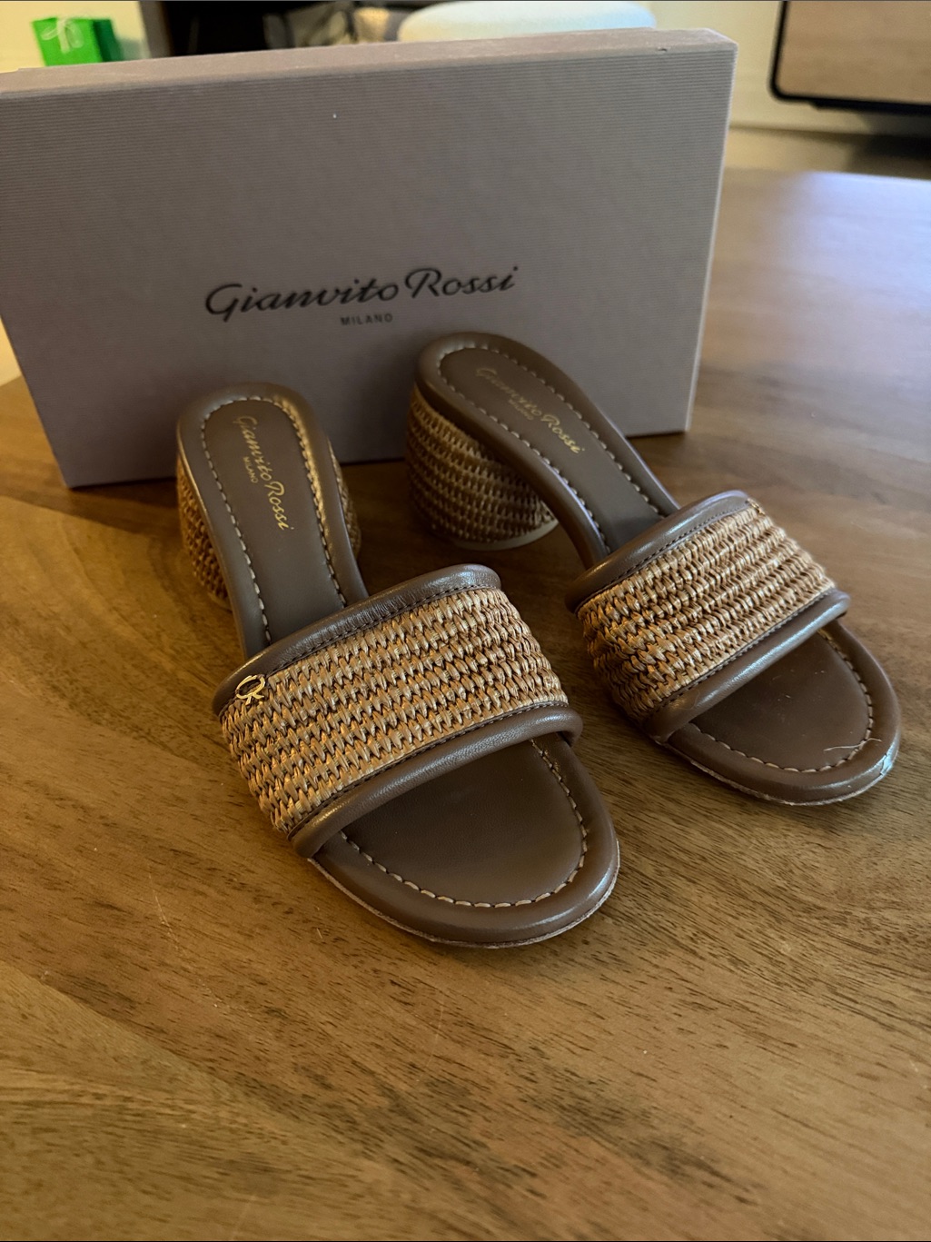 Gianvito Rossi Tan Woven Leather Slide Mules